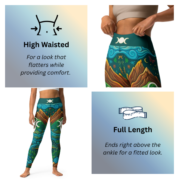 Colorful sacred goddess leggings with mountain design, labeled 'High Waisted' and 'Full Length'